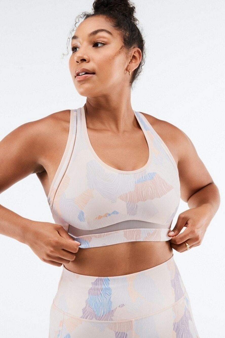 Fabletics Belle High Impact Sports Bra in Arid/Warm Sand ivory cream print